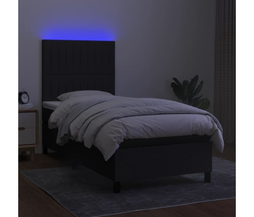 Cama box spring colchón y luces LED tela negro 90x200 cm