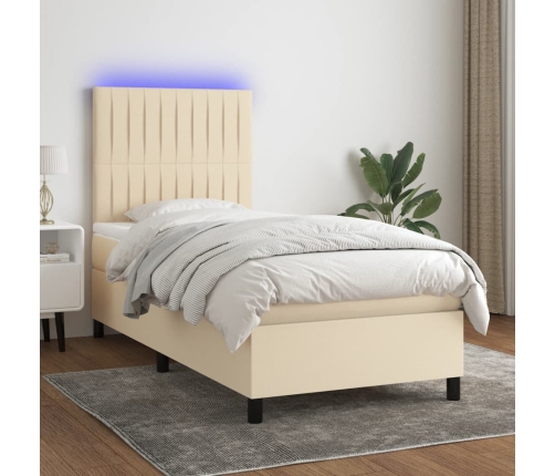Cama box spring colchón y luces LED tela crema 90x200 cm