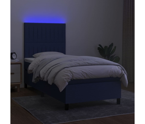 Cama box spring colchón y luces LED tela azul 90x200 cm