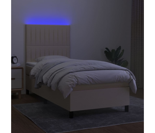 Cama box spring colchón y luces LED tela crema 100x200 cm