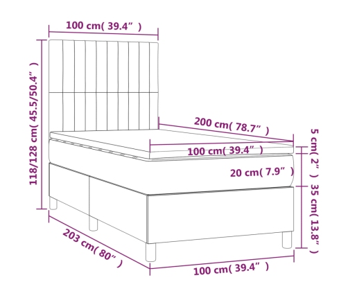 Cama box spring colchón y luces LED tela azul 100x200 cm