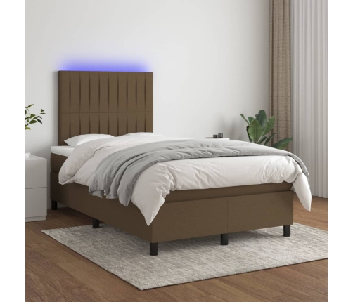 Cama box spring con colchón y LED tela marrón oscuro 120x200 cm