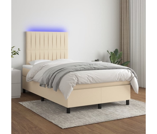 Cama box spring con colchón y LED tela crema 120x200 cm