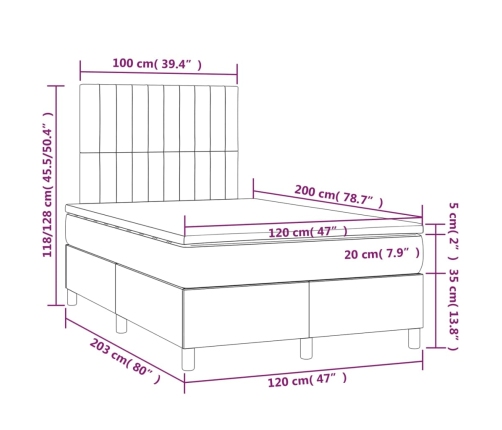 Cama box spring con colchón y LED tela azul 120x200 cm