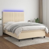 Cama box spring colchón y luces LED tela crema 140x190 cm