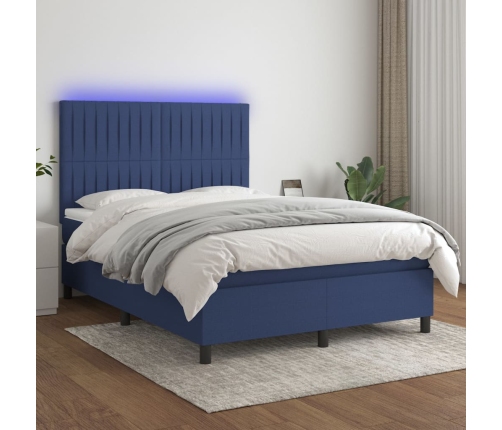 Cama box spring colchón y luces LED tela azul 140x190 cm