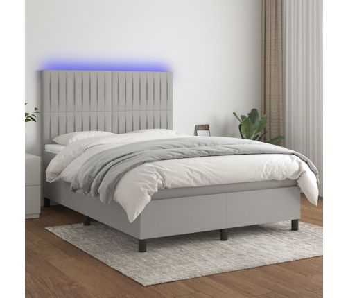 Cama box spring colchón y luces LED tela gris claro 140x200 cm