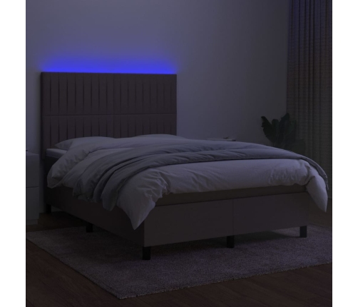 Cama box spring colchón y luces LED tela gris taupe 140x200 cm