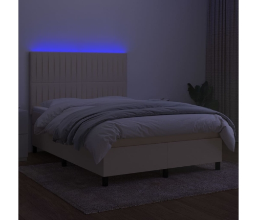 Cama box spring colchón y luces LED tela crema 140x200 cm