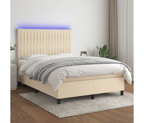 Cama box spring colchón y luces LED tela crema 140x200 cm