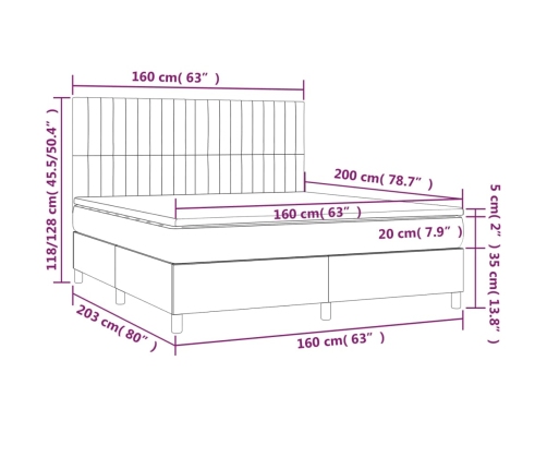 Cama box spring colchón y luces LED tela gris claro 160x200 cm