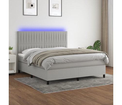 Cama box spring colchón y luces LED tela gris claro 160x200 cm