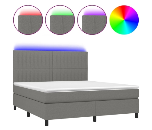 Cama box spring colchón y luces LED tela gris oscuro 160x200 cm