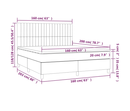 Cama box spring colchón y luces LED tela crema 160x200 cm