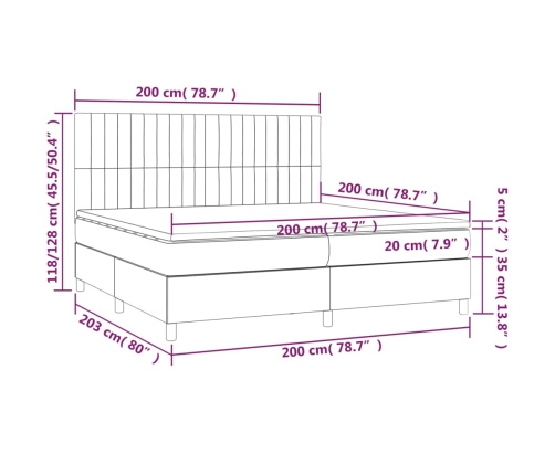 Cama box spring colchón y luces LED tela gris claro 200x200 cm