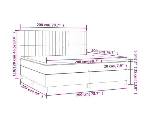 Cama box spring colchón y luces LED tela negro 200x200 cm