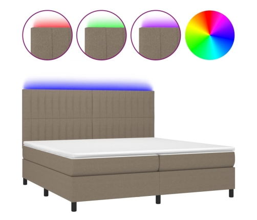 Cama box spring colchón y luces LED tela gris taupe 200x200 cm