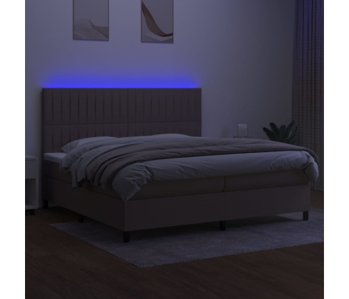 Cama box spring colchón y luces LED tela gris taupe 200x200 cm