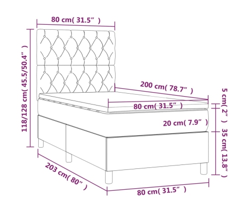 Cama box spring colchón y luces LED tela gris oscuro 80x200 cm