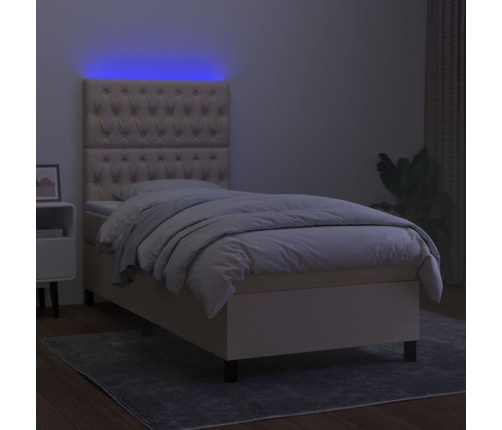 Cama box spring colchón y luces LED tela crema 80x200 cm