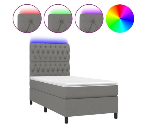 Cama box spring colchón y luces LED tela gris oscuro 90x190 cm