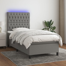 Cama box spring colchón y luces LED tela gris oscuro 90x190 cm