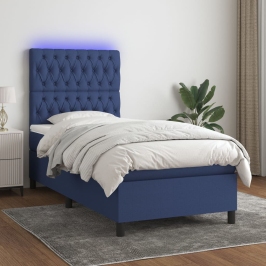 Cama box spring colchón y luces LED tela azul 90x190 cm