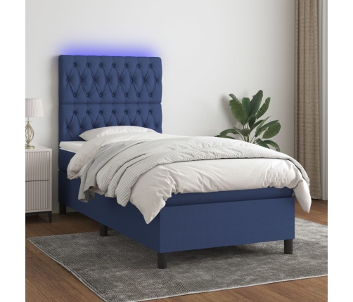 Cama box spring colchón y luces LED tela azul 90x190 cm