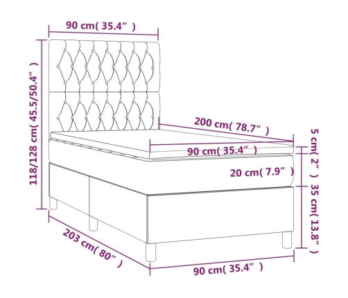 Cama box spring colchón y luces LED tela gris claro 90x200 cm