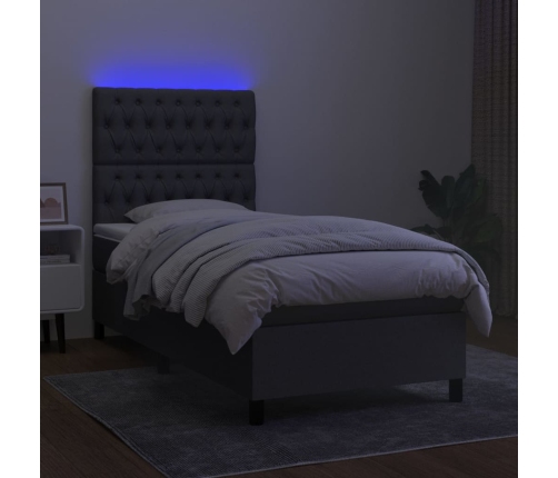 Cama box spring colchón y luces LED tela gris oscuro 90x200 cm