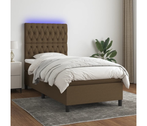 Cama box spring colchón y luces LED tela marrón oscuro 90x200cm