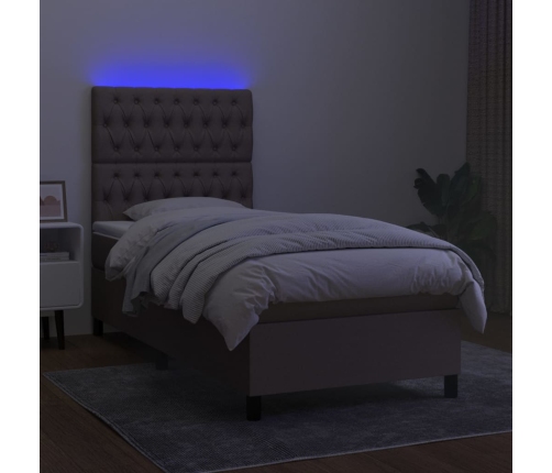 Cama box spring colchón y luces LED tela gris taupe 90x200 cm