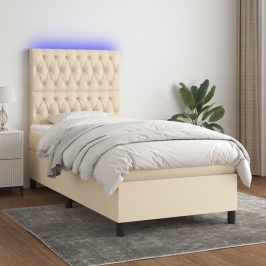 Cama box spring colchón y luces LED tela crema 90x200 cm