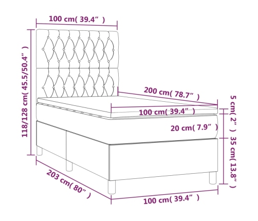 Cama box spring colchón y luces LED tela gris claro 100x200 cm