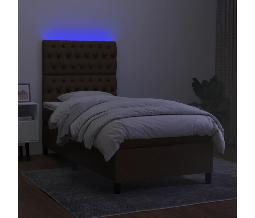 Cama box spring colchón luces LED tela marrón oscuro 100x200cm