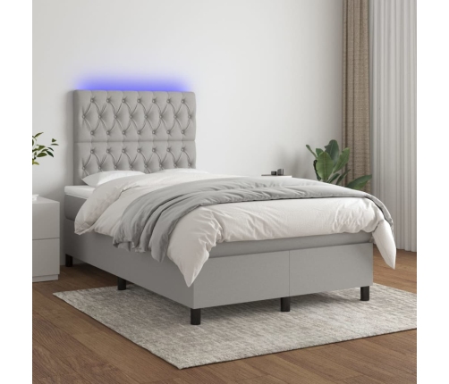 Cama box spring con colchón tela y LED gris claro 120x200 cm