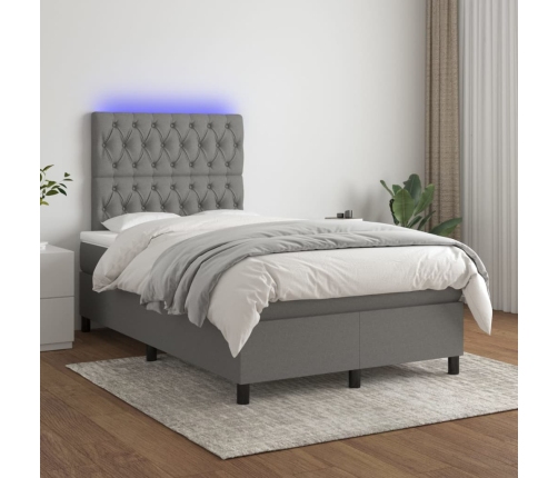 Cama box spring con colchón y LED tela gris oscuro 120x200 cm