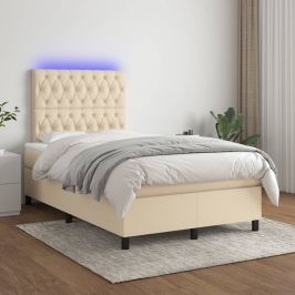 Cama box spring con colchón y LED tela crema 120x200 cm