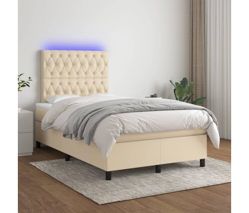 Cama box spring con colchón y LED tela crema 120x200 cm