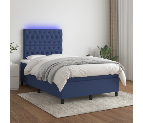 Cama box spring con colchón y LED tela azul 120x200 cm