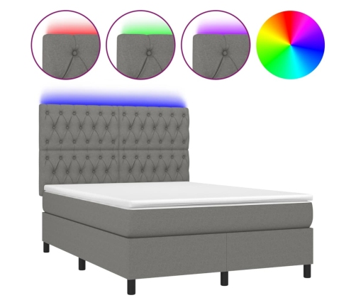 Cama box spring colchón y luces LED tela gris oscuro 140x190 cm