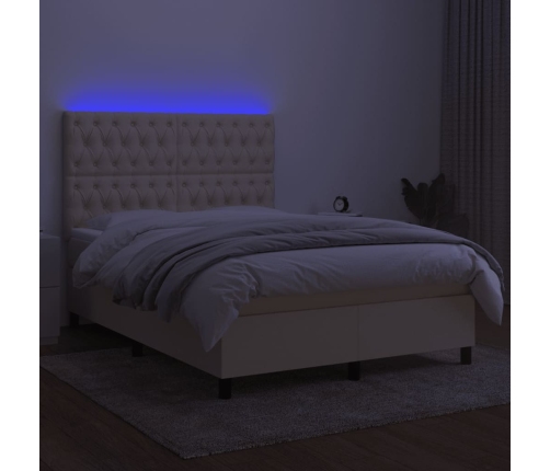 Cama box spring colchón y luces LED tela crema 140x190 cm