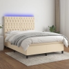 Cama box spring colchón y luces LED tela crema 140x190 cm