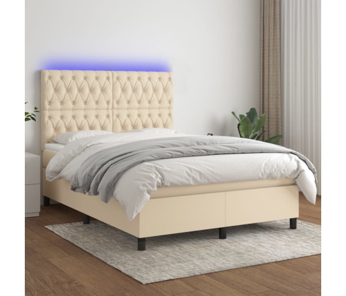 Cama box spring colchón y luces LED tela crema 140x190 cm