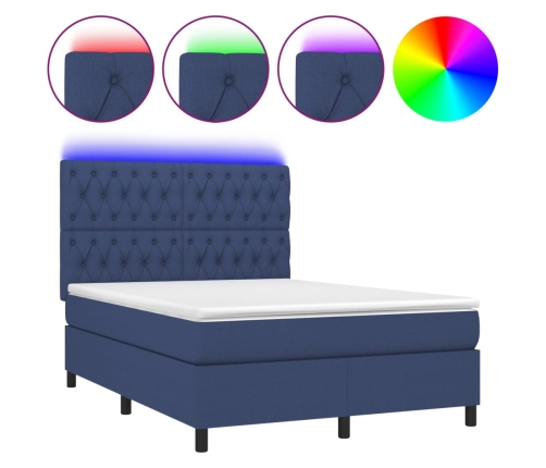 Cama box spring colchón y luces LED tela azul 140x190 cm