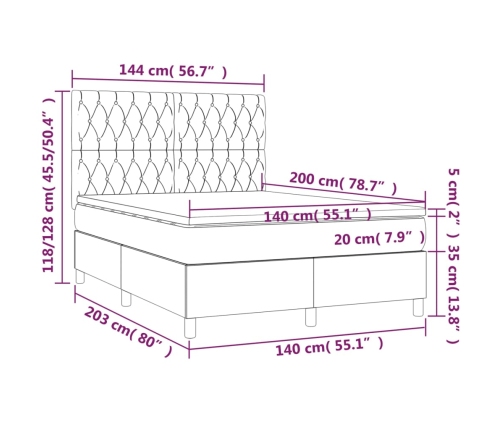 Cama box spring colchón y luces LED tela gris claro 140x200 cm