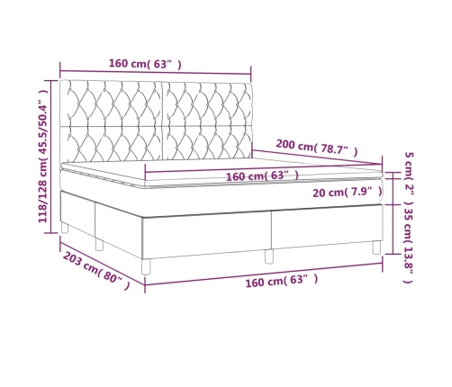 Cama box spring colchón y luces LED tela gris oscuro 160x200 cm