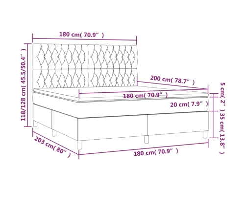 Cama box spring colchón y luces LED tela gris claro 180x200 cm