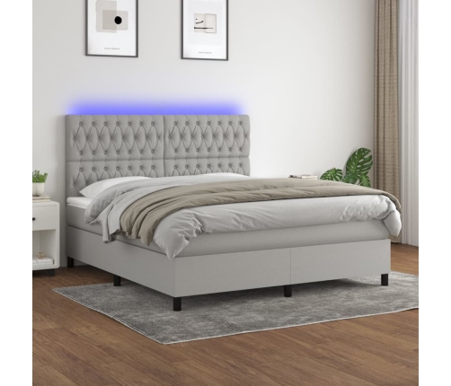 Cama box spring colchón y luces LED tela gris claro 180x200 cm