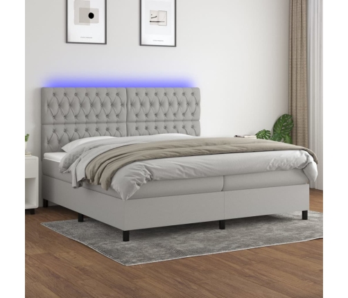 Cama box spring con colchón tela y LED gris claro 200x200 cm